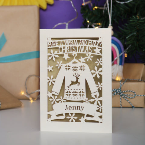 Personalised Papercut Christmas Jumper Card - A5 (large) / Gold Leaf