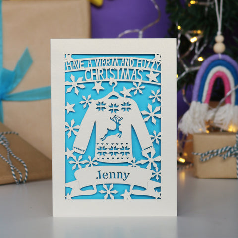 Personalised Papercut Christmas Jumper Card - A5 (large) / Peacock Blue
