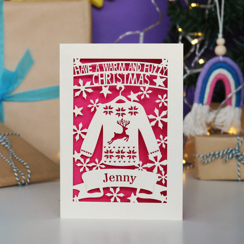 Personalised Papercut Christmas Jumper Card - A5 (large) / Shocking Pink