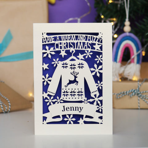 Personalised Papercut Christmas Jumper Card - A5 (large) / Infra Violet