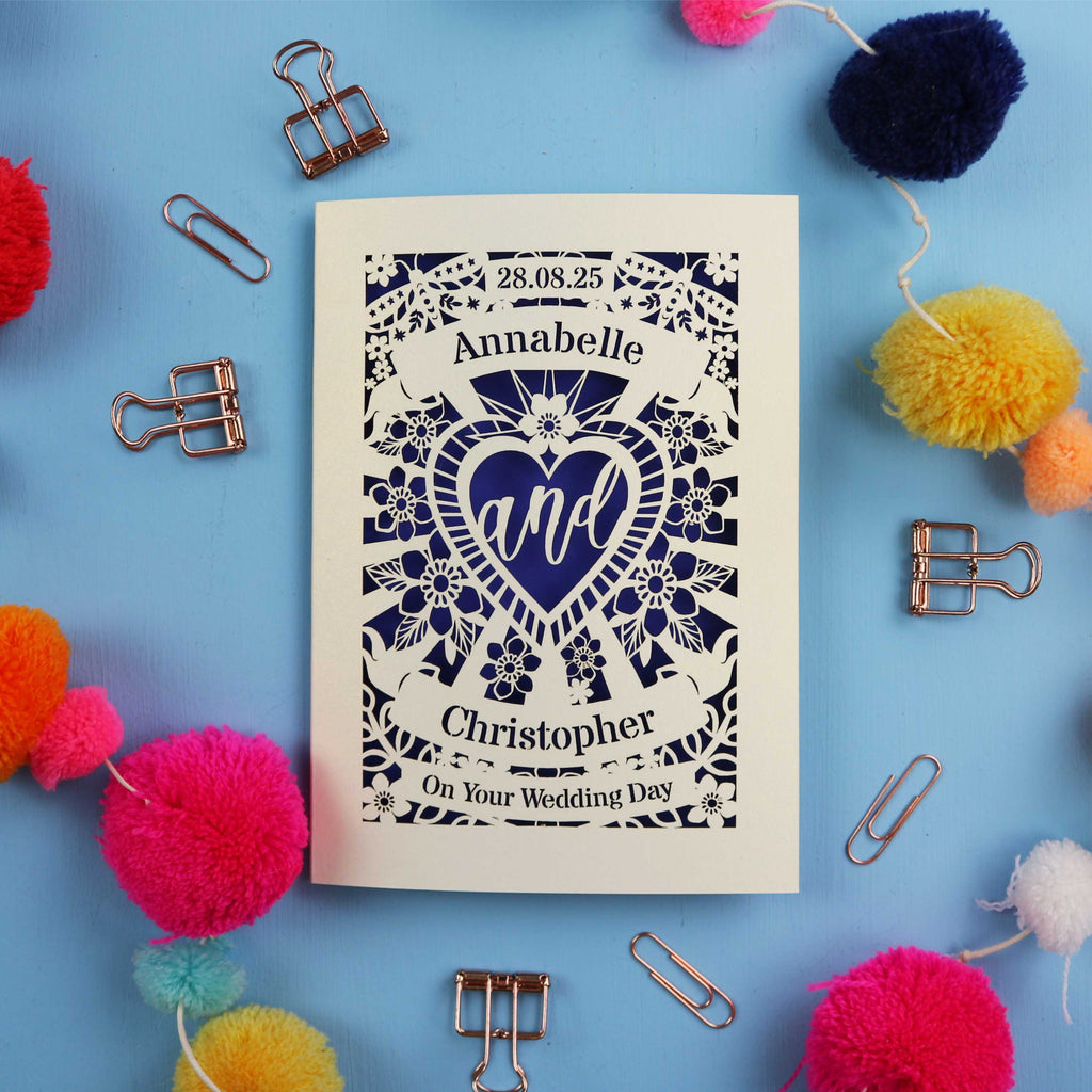 Personalized wedding card with decorative elements on a blue background