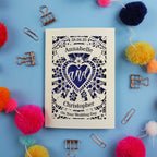 Personalized wedding card with decorative elements on a blue background