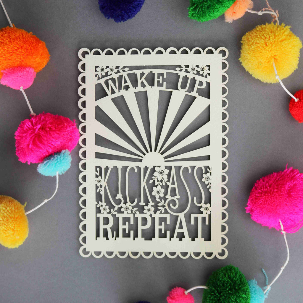 Wake Up, Kick Ass, Repeat A6 Papercut Postcard
