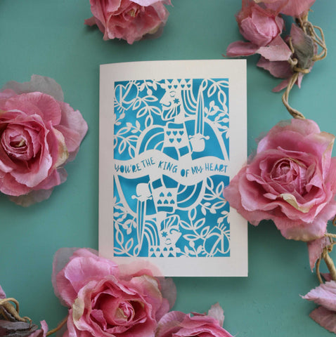 King of my Heart Paper Cut Valentines Card - A5 (large) / Peacock Blue