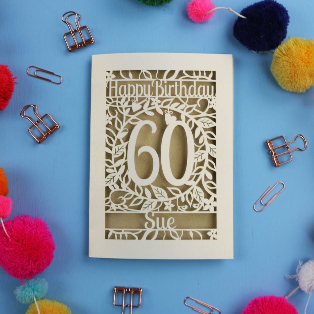 Birthday card with 'Happy Birthday Sue' on a blue background with colourful pom-poms and paper clips.