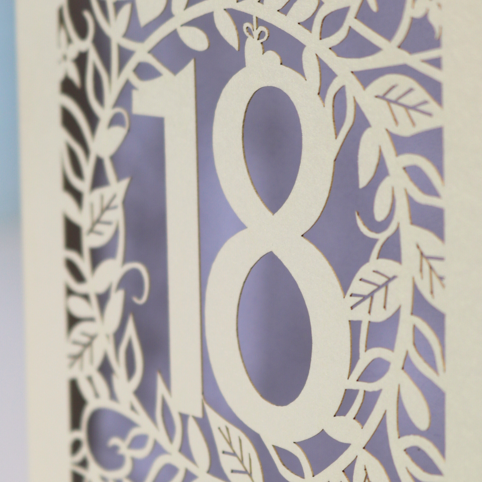 Decorative number '18' with intricate cut-out patterns on a purple background