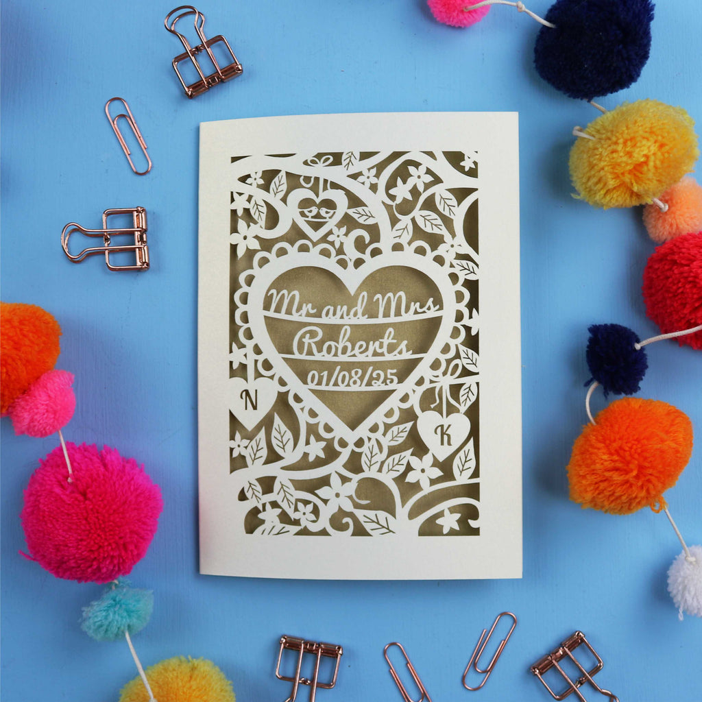Decorative wedding anniversary card with personalized text on a blue background with colourful pom-poms and paper clips.