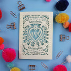 Personalized wedding card with decorative elements on a blue background