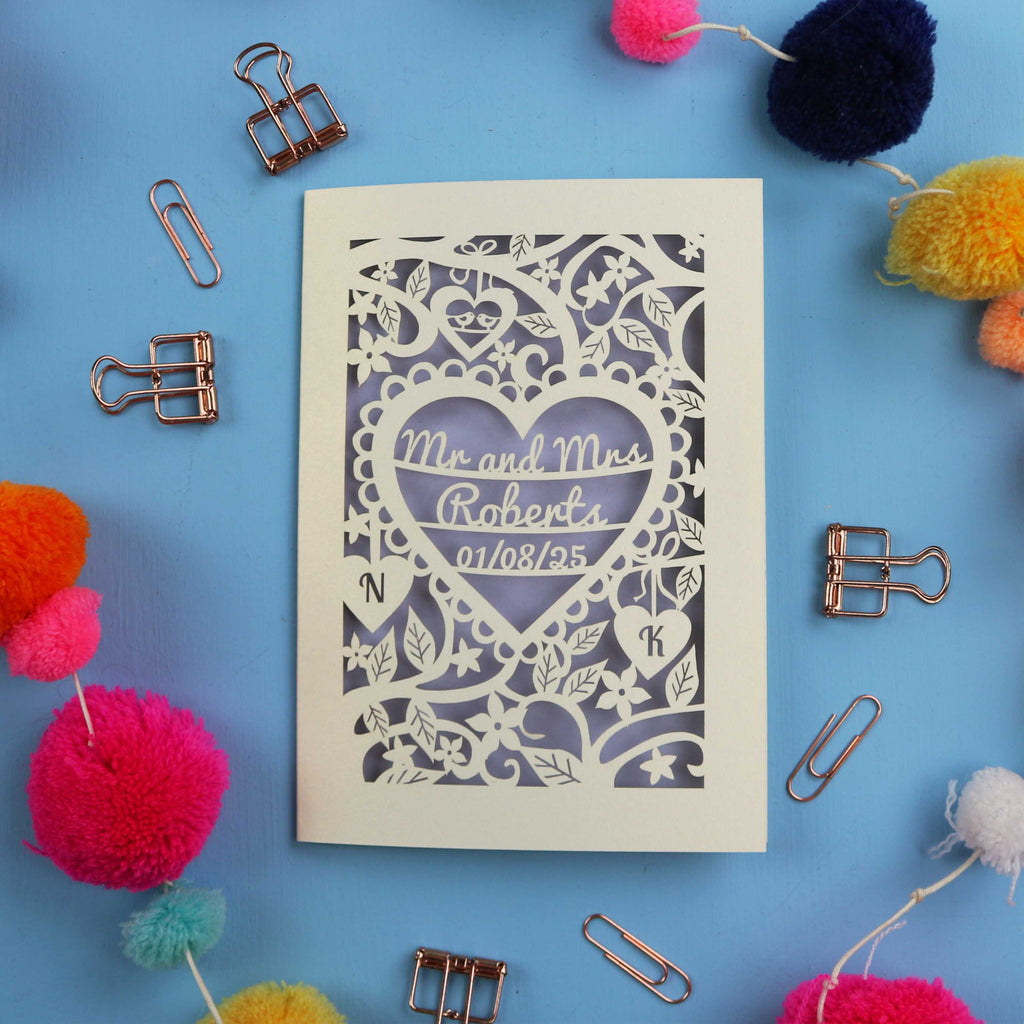 Decorative card with personalized text on a blue background with decorative items