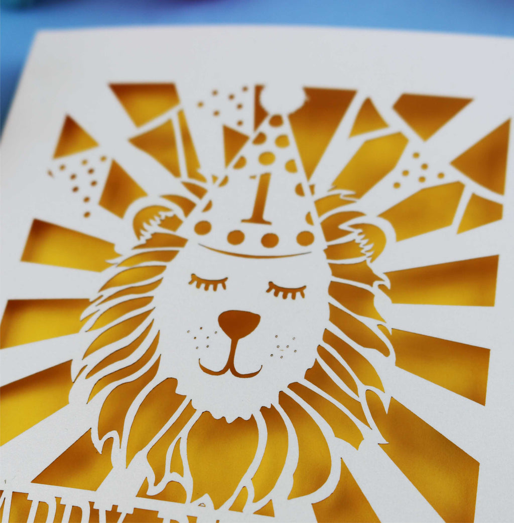 Special laser cut 1st Birthday card with lion design 