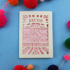 Cute Valentine's Card with 'Jacob, you're my lobster' design on a blue background with colourful pom-poms.