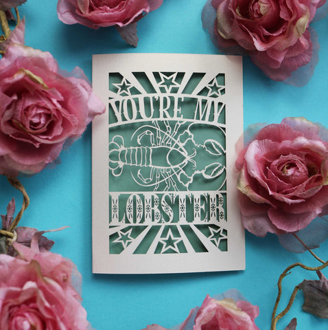 A laser cut Valentine's card that says "You're My Lobster" with a cut out design of a lobster - A6 (small) / Sage
