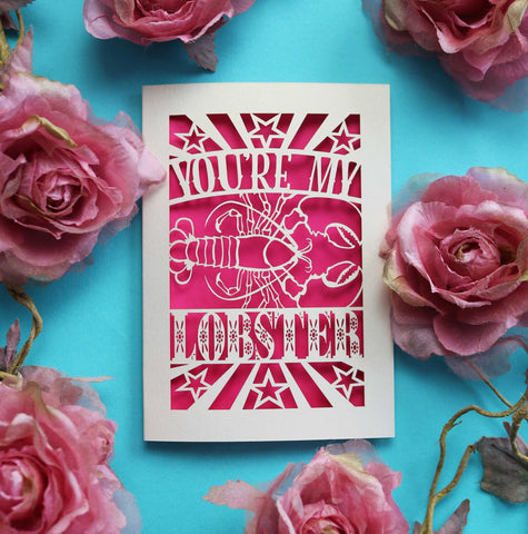 A laser cut Valentine's card that says "You're My Lobster" with a cut out design of a lobster - A6 (small) / Shocking pink