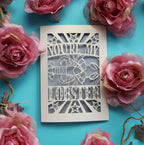 A laser cut funny Valentine's card that says "You're My Lobster" with a cut out design of a lobster
