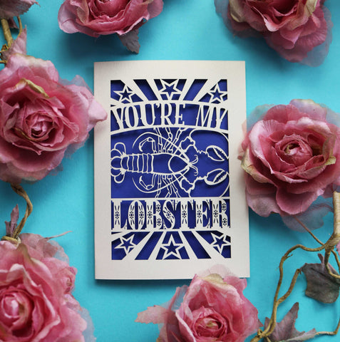 A fun paper cut Valentine's card that says "You're My Lobster" with a cut out design of a lobster - A6 (small) / Violet