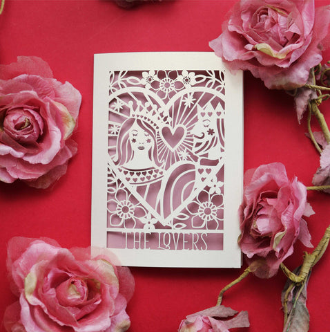 A laser cut anniversary card featuring an illustration inspired by the lovers tarot card - A5 (large) / Dusky Pink