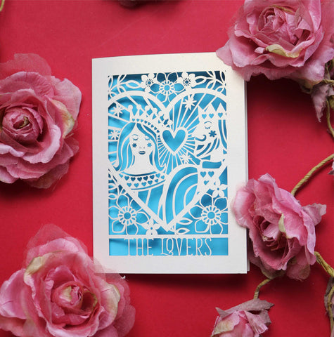A beautiful anniversary  card featuring an illustration inspired by the lovers tarot card - A5 (large) / Peacock Blue
