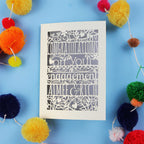Paper cut engagement Card with 'Congratulations on your engagement' text on a blue background with colourful pom-poms.