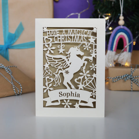 Personalised Papercut Unicorn Christmas Card - A6 (small) / Gold Leaf