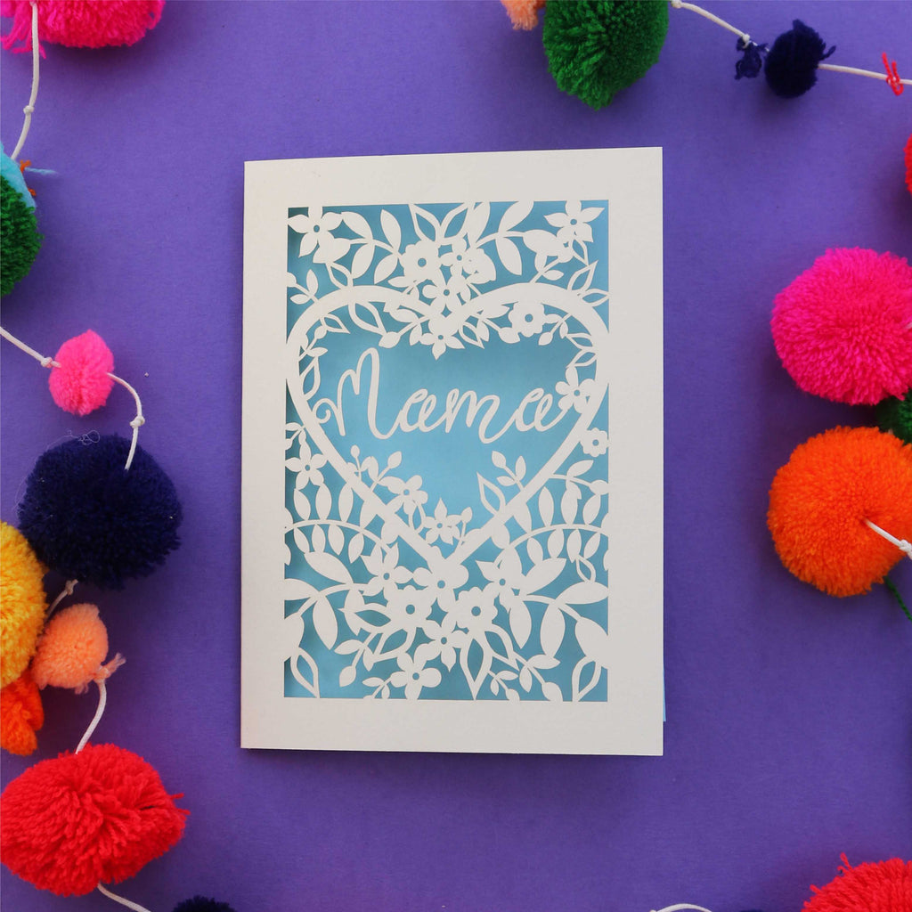 "Mama" card, laser cut with a light blue paper backing