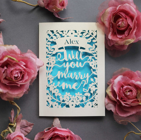 Will you marry me card, laser cut and personalised. - A5 (large) / Peacock Blue