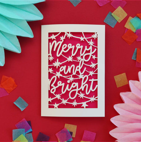 A cream and shocking pink merry and bright Christmas card - A6 (small) / Shocking Pink