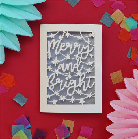 A cream and silver laser cut Christmas card that says "Merry and Bright" - A6 (small) / Silver