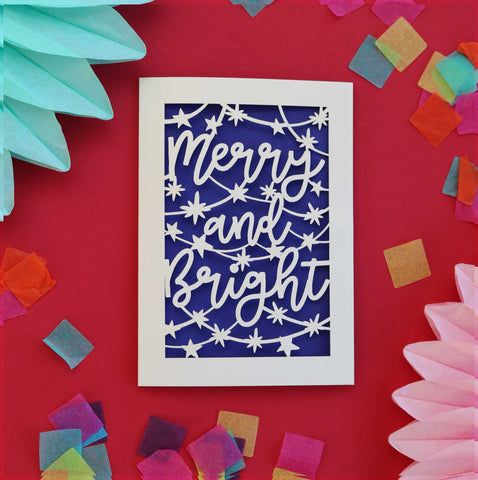Merry and Bright. Laser cut Christmas card with violet paper insert - A6 (small) / Infra Violet