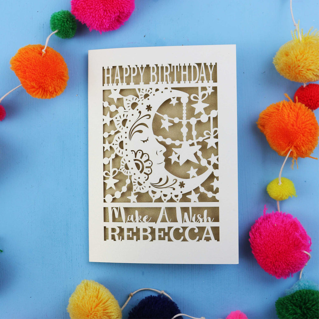 Personalised Celestial Birthday card with decorative elements on a blue background