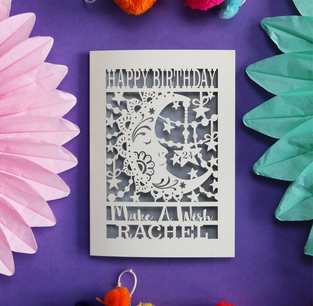 Personalised Moon Birthday card with decorative elements 