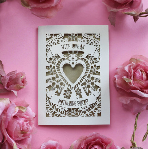 A papercut mother's day card that says "With love on Mothering Sunday" - A6 (small) / Gold Leaf