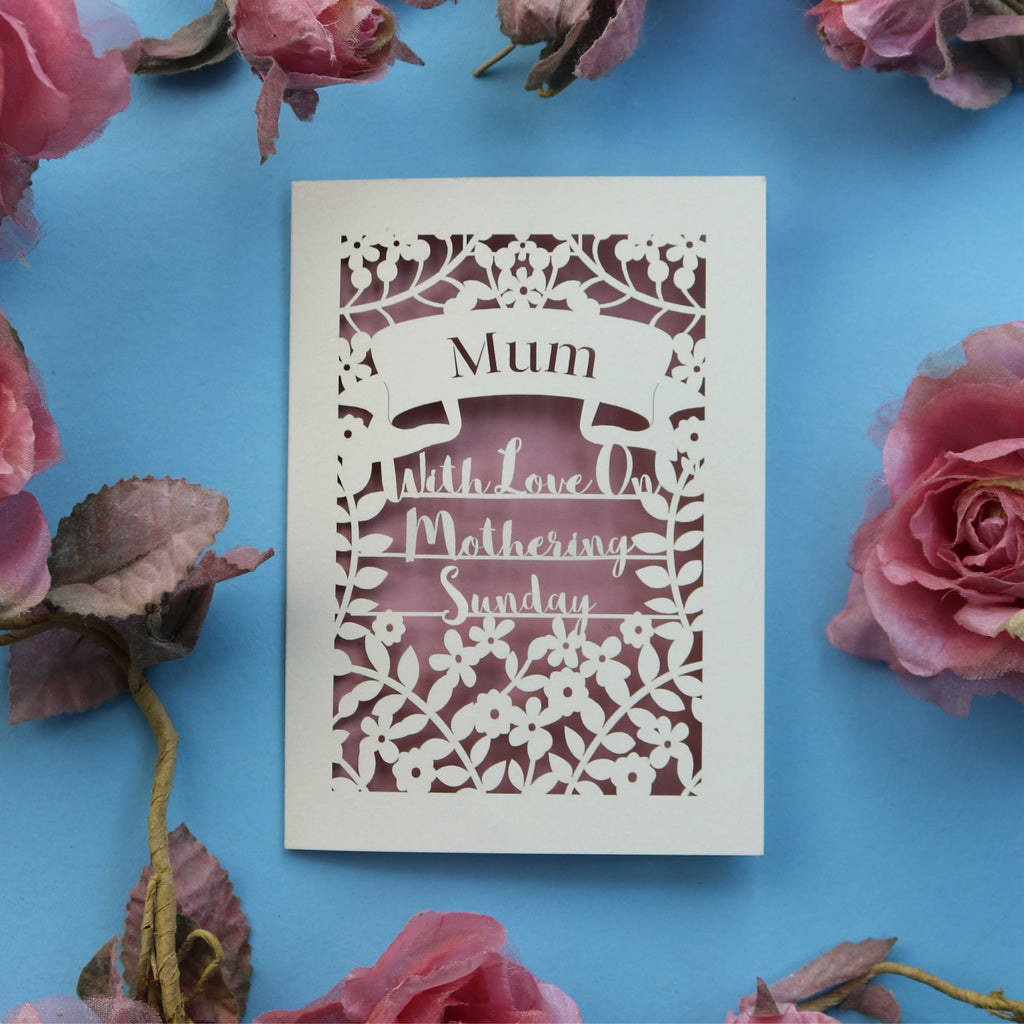 A papercut Mothering Sunday card, personalised with a name