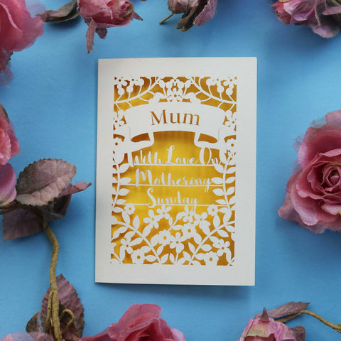A papercut Mother's day card that says "Name, with love on Mothering Sunday" - A5 (large) / Sunshine Yellow
