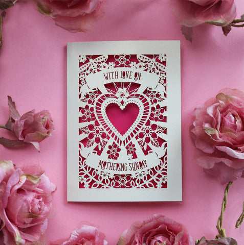 A laser cut card with heart and flower details and cut out text that says "With love on Mothering Sunday" - A6 (small) / Shocking Pink