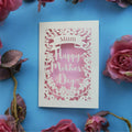 A laser cut mothers day card personalised with a name