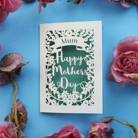 A personalised laser cut card for mother's day. A name is cut from a banner above the words "Happy Mother's Day" - A5 / Sage