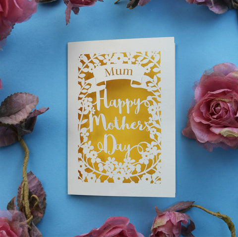 A personalised paper cut card for mother's day. A name is cut from a banner above the words "Happy Mother's Day" - A5 / Sunshine Yellow