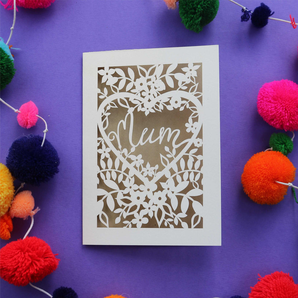 A mothers day card with the word "Mum" inside a heart