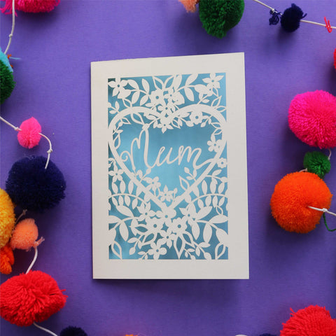 Mum Mothers Day Cards, laser cut from cream card with a light blue paper backing.  - A6 (small) / Light Blue