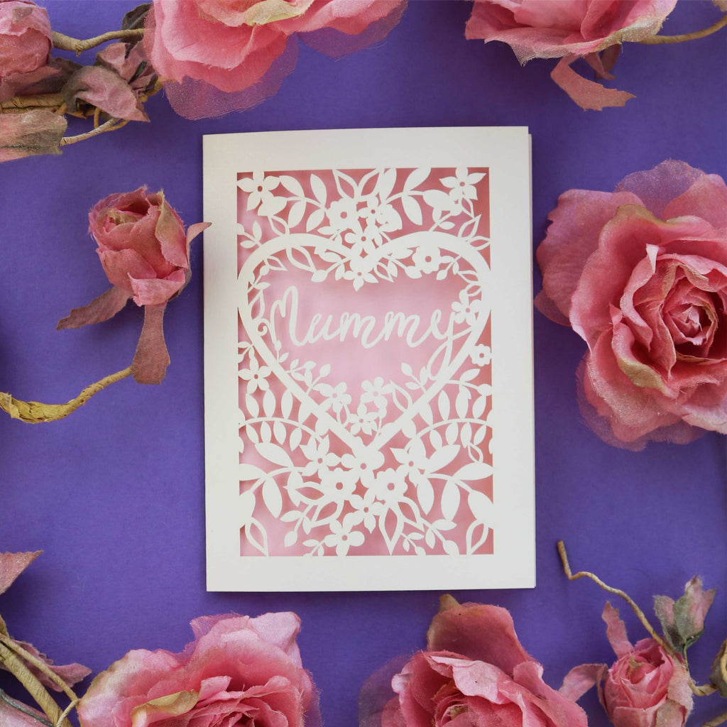 A paper cut Mothers Day card with "Mummy" in a heart shape border, with flowers around the edges