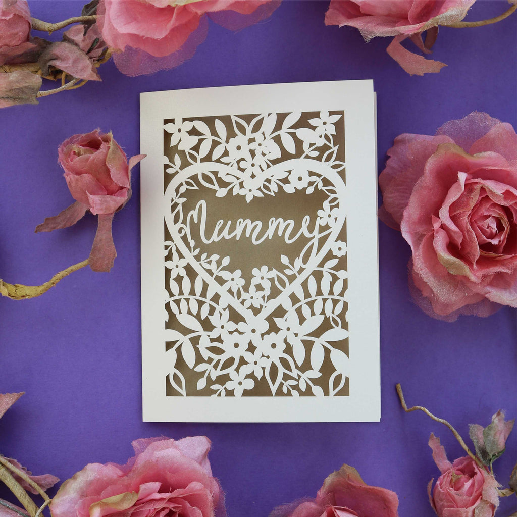 A cut out Mother's Day card with the name "Mummy" 
