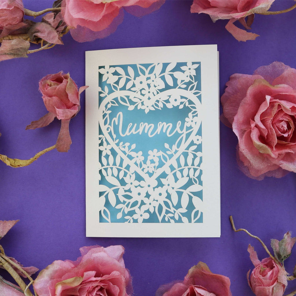 A laser cut Mummy card for mothering Sunday