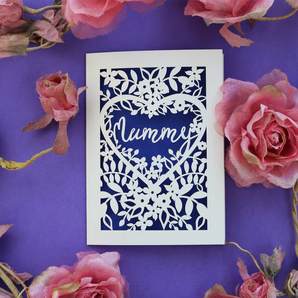 A laser cut Mothering Sunday card for "Mummy"