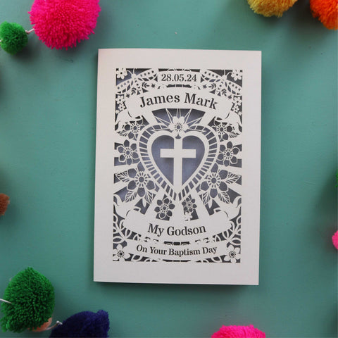 A papercut card for a Godson on his Baptism day, personalised with a name and date. - A6 (small) / Silver / My Godson On Your Christening Day