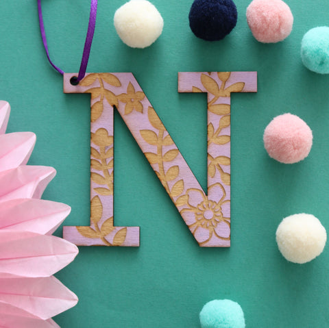 Assorted Letter N Wooden Engraved Hanging Decorations - 3mm lilac floral