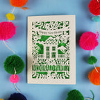 Personalized 'Happy New Home' card with decorative elements on a blue background