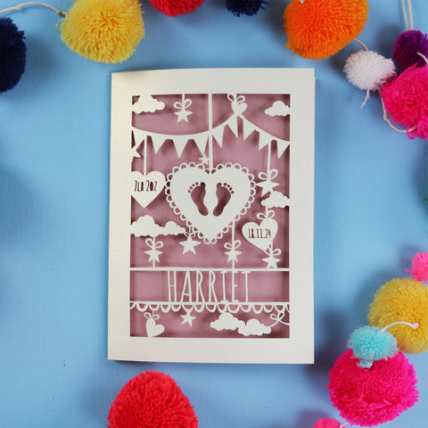 A personalised new baby card, laser cut and handmade. Featuring two baby feet inside a heart, and the baby's name, date of birth and weight.  - A6 (small) / Dusky Pink