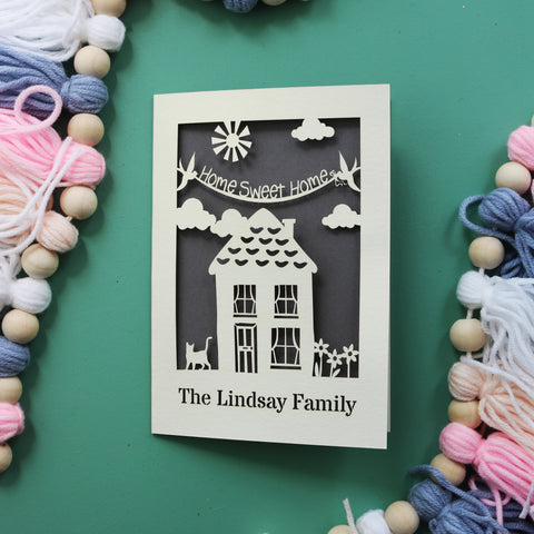 A cut out new house card with the words "home sweet home" and the names of the recipients - A5 / Urban Grey