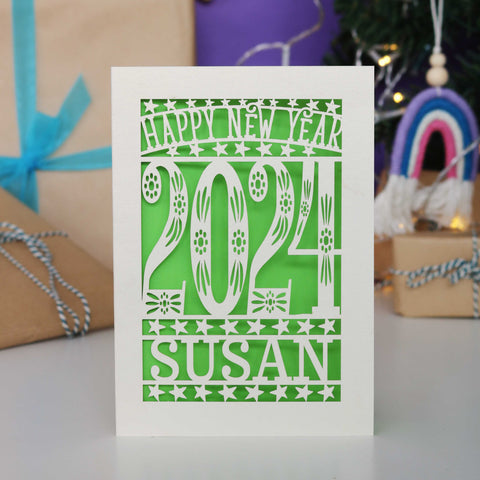 Personalised Papercut Happy New Year Card A5 - Bright Green / A6 (small)