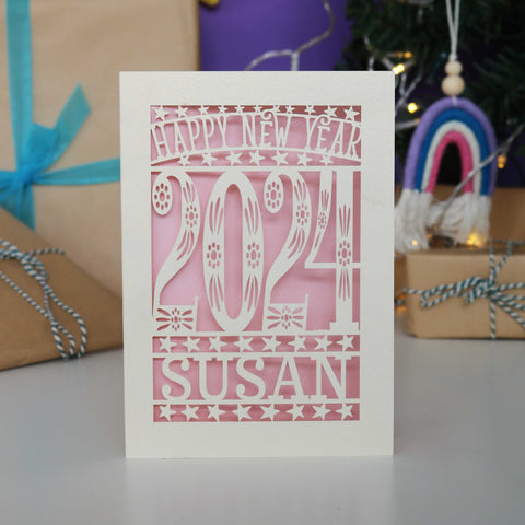 Personalised Papercut Happy New Year Card A5 - Candy Pink / A6 (small)
